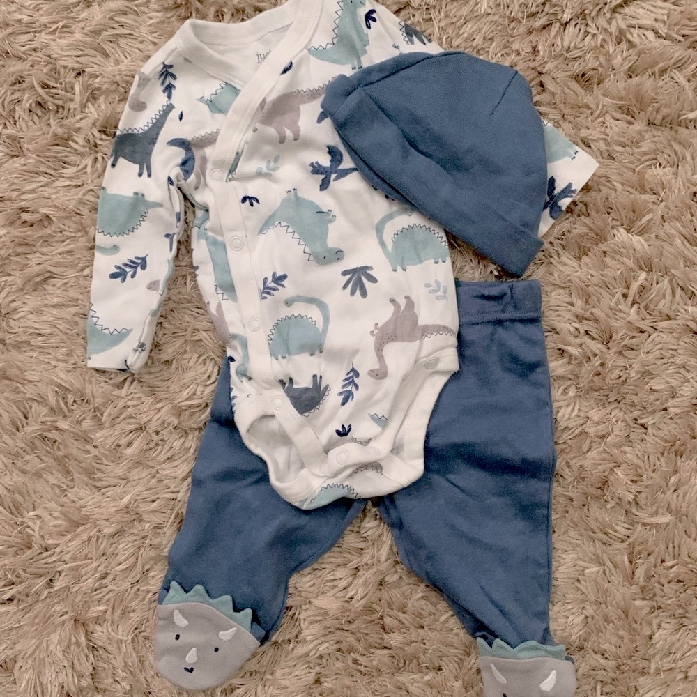 Baby Boy Dinosaur Button Onesie Pant & Hat Set